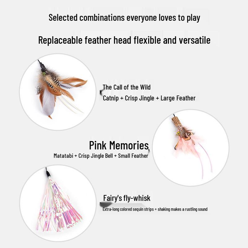 Retractable Cat Fishing Rod with Feather Teaser and Bite-Resistant Replacement Head for Self-Play and Boredom Relief.