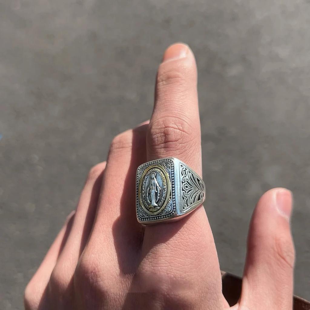 New Silver Color Literary Faith Original Design By Our Lady of Notre Dame Ring Niche Style Hip-hop Retro Men and Women Jewelry