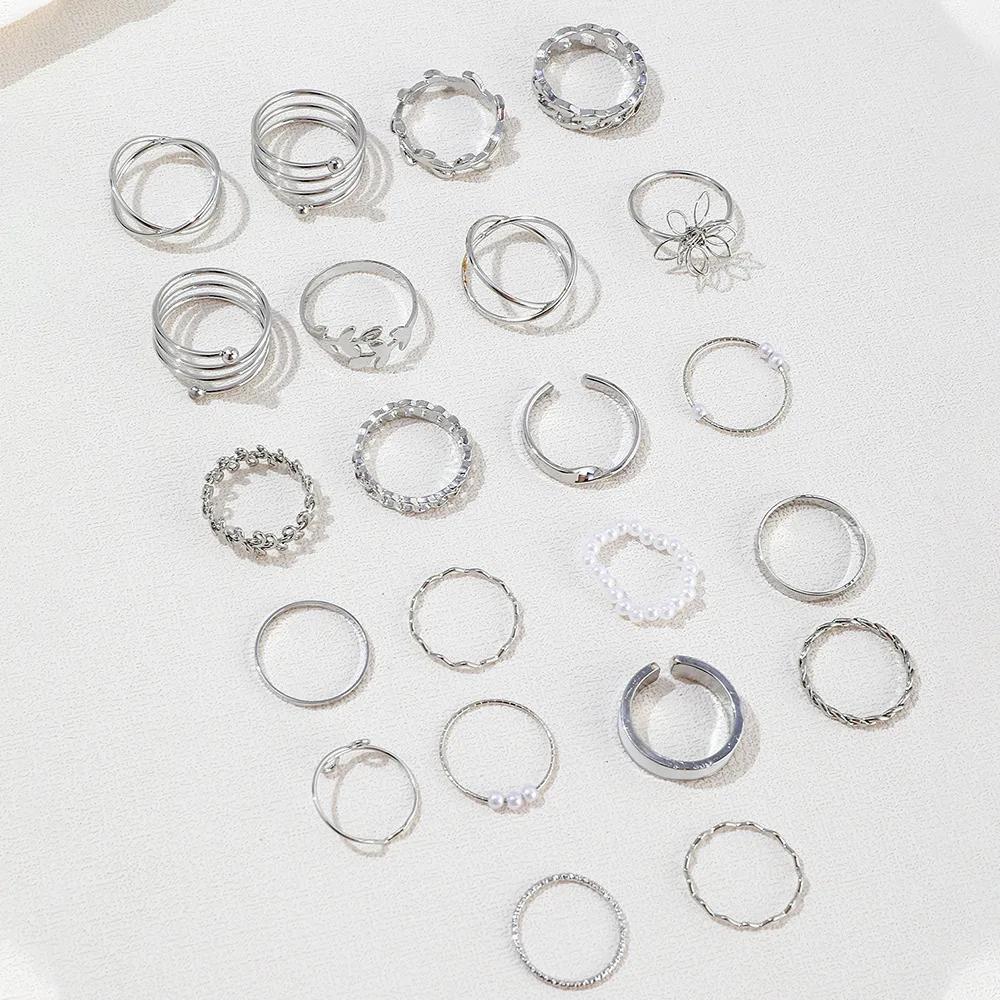 Ensemble de Bagues Géométriques pour Phalange Couleur Argent pour Femmes Perle Artificielle Chaîne Simple Bague de Doigt Bijoux Bohèmes Féminins Accessoires