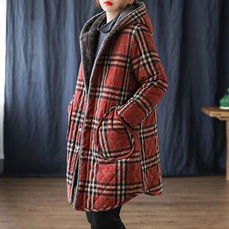Women's Winter Medium-length Plus Size Warm Coat Plaid Hooded Thickened Warm Causal Jacket