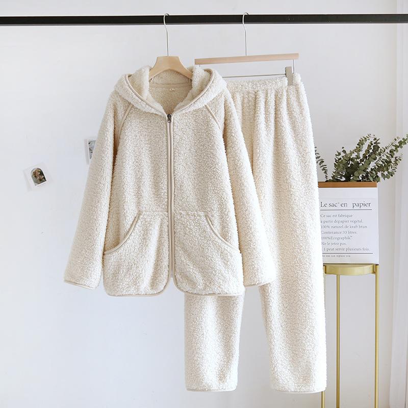 Autumn Winter Women Warm Soft Couple Fleece Pajamas Suit Casual Hooded Pajamas Night Wear XS