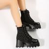 Fashion Fall New Chunky Single Shoes Women's Round Head Suede Side Zipper Front Strap Rivet Thick Sole Non-slip Ankle Boots