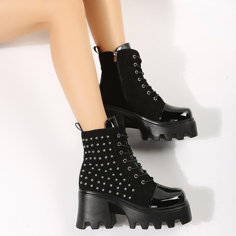 Fashion Fall New Chunky Single Shoes Women's Round Head Suede Side Zipper Front Strap Rivet Thick Sole Non-slip Ankle Boots