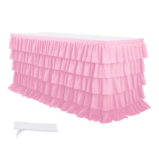 Ruffled Table Skirt 5-Tier Pleated Chiffon Tablecloth Reusable Tutu Table Skirt for Classroom Teacher Desk Back To School Birthday Party Cake Dessert