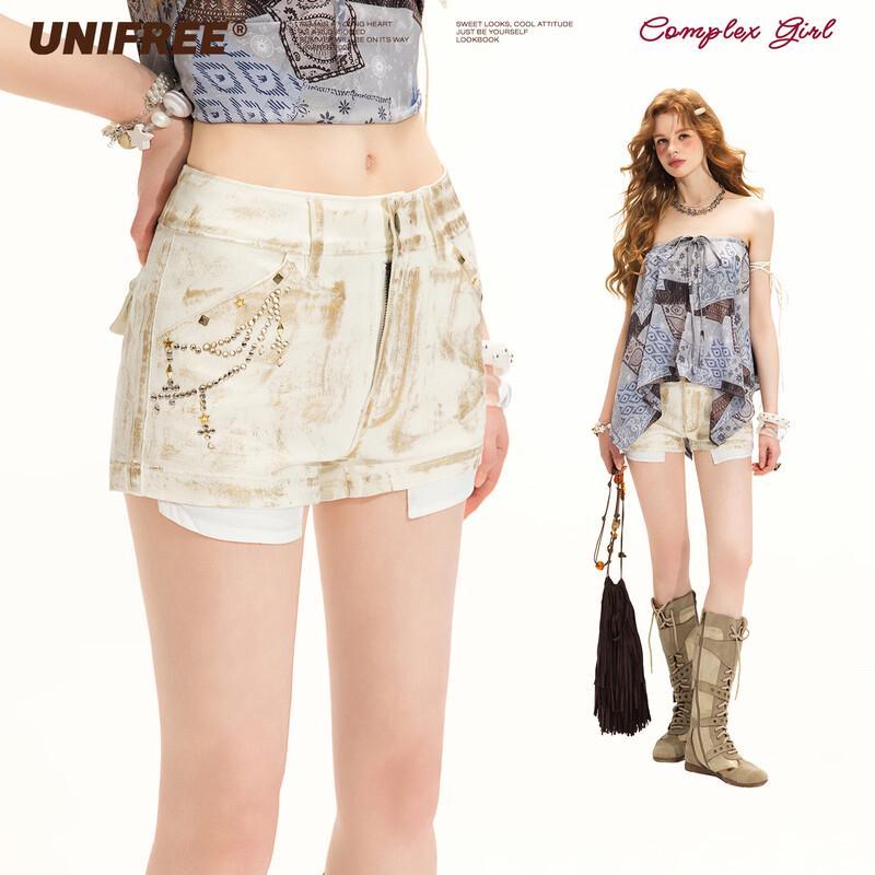 UNIFREE Plus Size Retro Rhinestone Washed Denim Shorts M абрикосовый