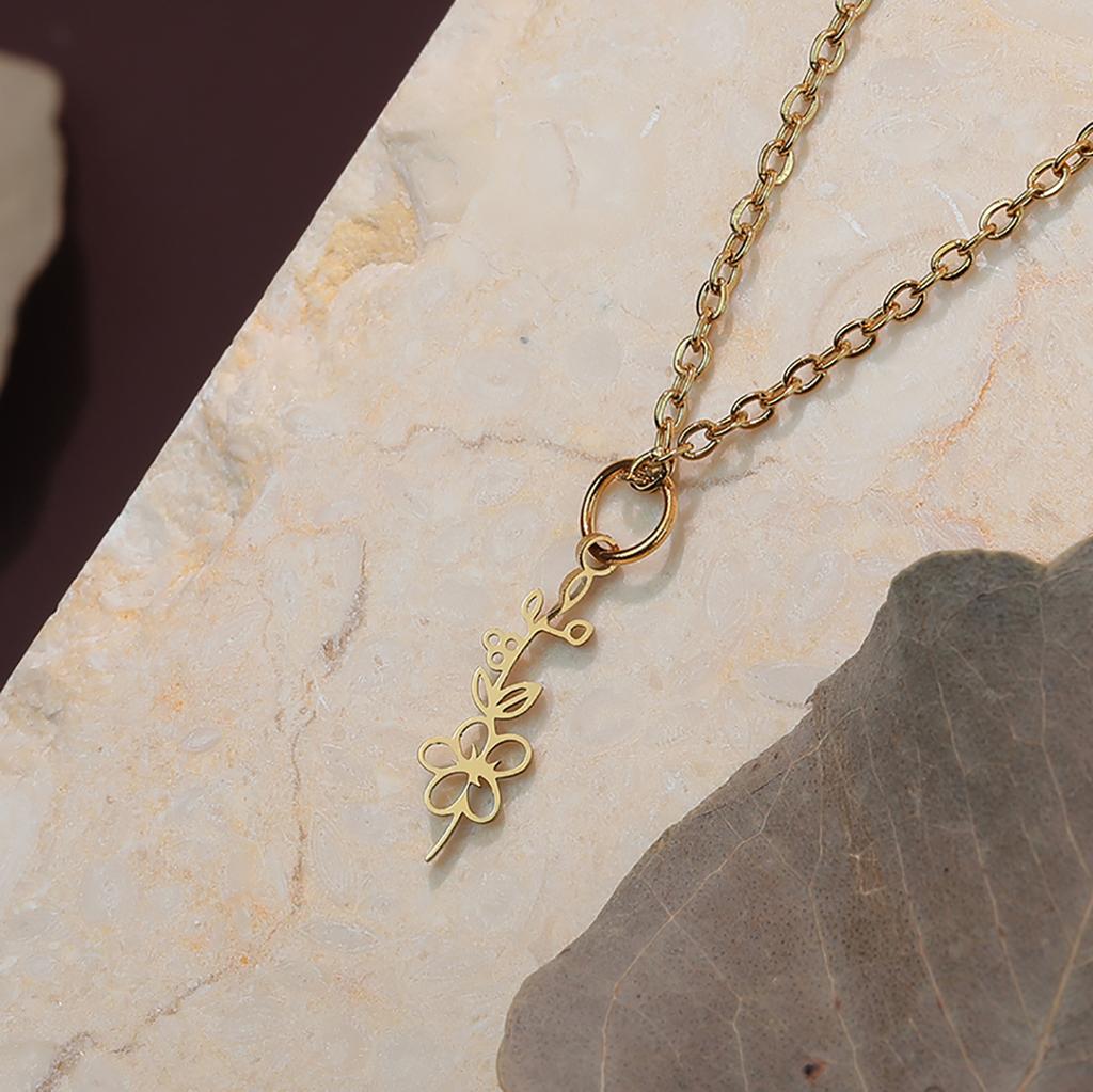 Kinitial 12 Month Birth Flower Necklaces For Women Stainless Steel Fashion Floral Pendant Necklace Choker Chain Jewelry Gift