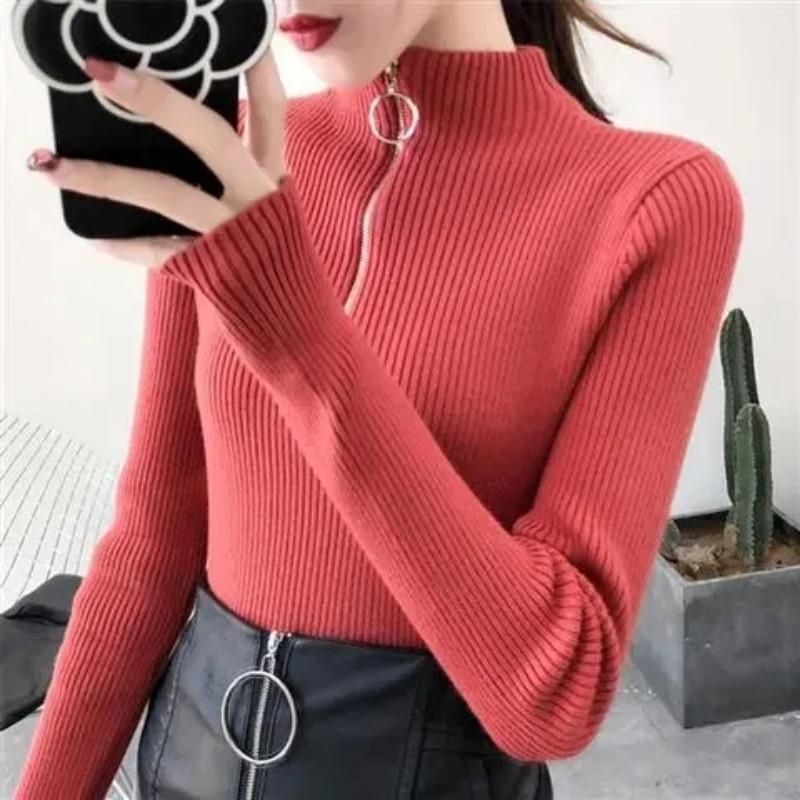 Knitted Women Zipper Half High Neck Ring Zipper Slim Top Sweater Pullovers Autumn Winter Basic Women Sweaters Slim Solid Knitwear Pull Femme Tops