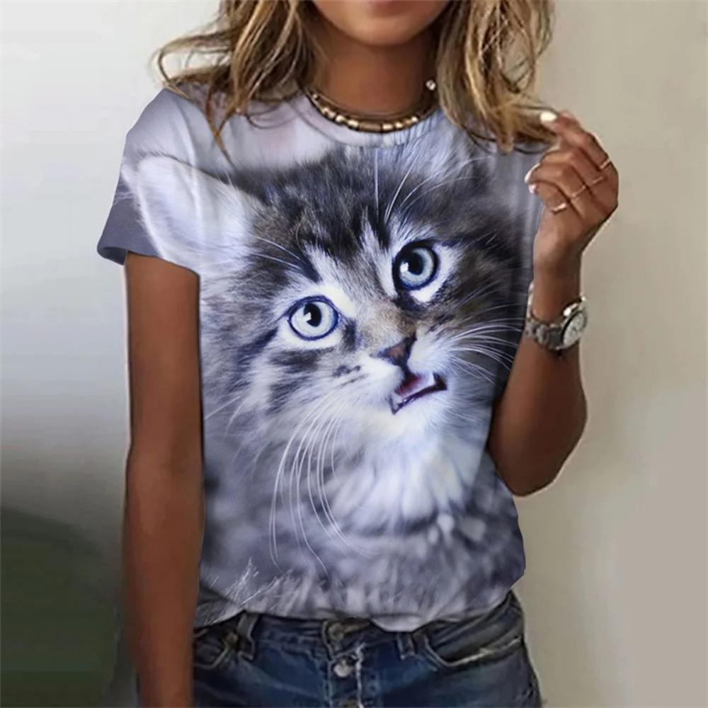 Women's T Shirts Funny 3D Kawaii Cat Print T-Shirts Fashion O-neck Short Sleeve Top Female Y2k Clothing Cute Clothes