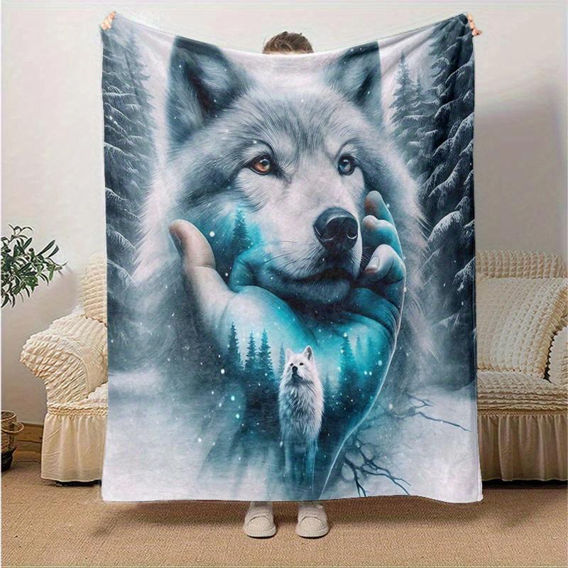 1pc Wolf amidst Snowy Forests Blanket  Soft Warms, Living Room, Travel, Camping, Car Blankets