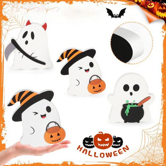 Cute Halloween Ornaments 3Pcs Sweet Ghost Decor, Wooden Figurines with Candy Safe Tabletop Pumpkin & Cauldron, Centerpiece for Home, Party Bakery