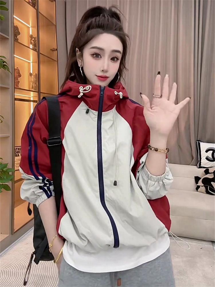 

Женская куртка с цветовыми блоками для защиты от солнца: Весна/Лето 2025 Повседневный, Свободный, Универсальный Тонкий Ветрозащитный Солнцезащитный Large красный