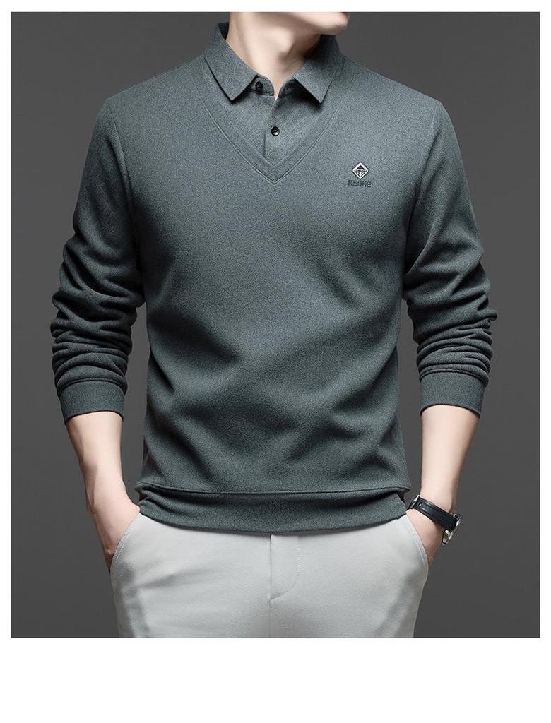 Men's Middle-Aged & Elderly Business Casual Faux Two-Piece Sweater - Warm, Velvet-Enhanced Knit Base Layer with Lapel