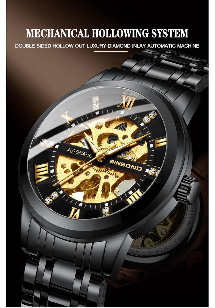 BINBOND Herren Leuchtendes Skelett-Uhrwerk - Automatisch Mechanisch, Stahlarmband, Wasserdicht