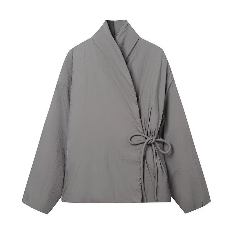 

Womens Stand Collar Belted Jacket 3 Colors L сірий колір