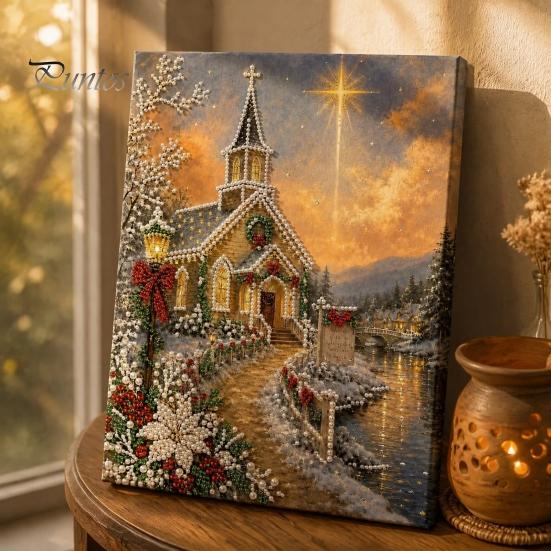 Sparkling Gemstone Kits Christmas Church Faux Pearl Art Kit, Painting DIY 15.75 Round Crafting x 11.81 Inch Beginners Craft for Adults, Relaxing Home