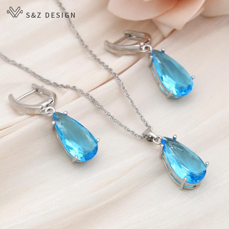 Fashion Water Drop Cubic Zirconia Dangle Earrings Jewelry Sets For Women Wedding Rose Gold Color Necklace