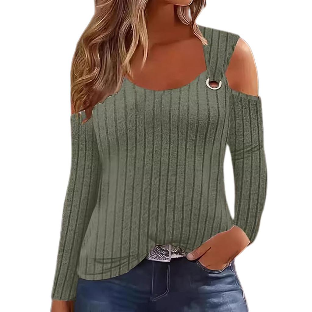 Damenmode Lässig Einfarbig V-Ausschnitt Metallknopf Streifen Langarm T-Shirt