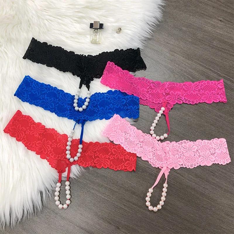 Sexy Lace Massage Pearl G-String Knickers Women Briefe Erotic Thongs Low Waist Underpants Personal Secrets Panties Hot Wife Gift