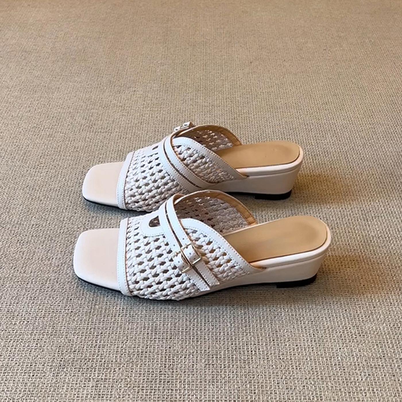 

Sheepskin version~ French one-word slippers women s wedge heel leather retro woven hollow square head outer wear Xia Liang slippers 40