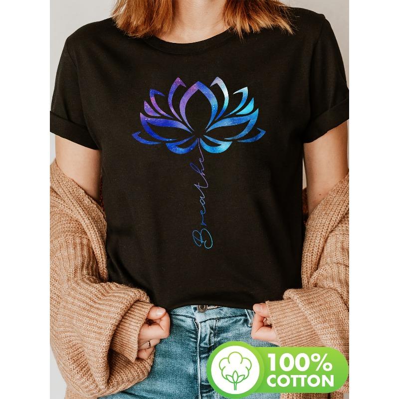 

For Lotus Flower Print T-shirt, Short Sleeve Crew Neck Casual Top for Summer & Spring, Women s Clothing S чёрный