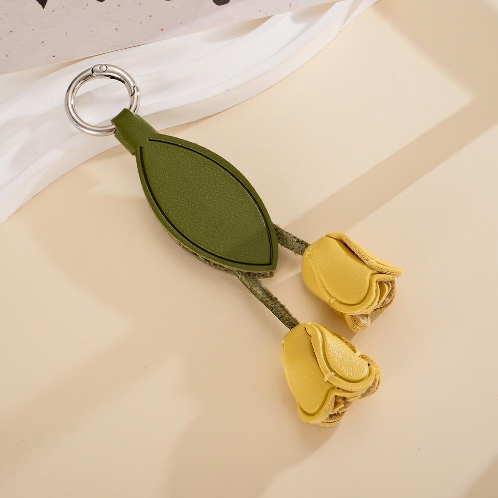Faux Leather Tulip Bag Charm Double Flower Leaf Minimalist Floral Pendant Accessory for Women Gift Accessory Bag Charm