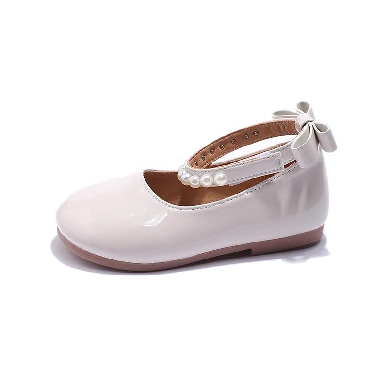 

New Girls Moccasin Shoes Round-toe Cute Children Fashion Mary Janes for Party Wedding Shows PU Pearls Back Bow Non-slip PU 24