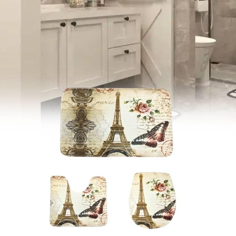 Butterfly Printed Tower Toilet Carpet Three Piece Set Anti Slip Mat Bathroom