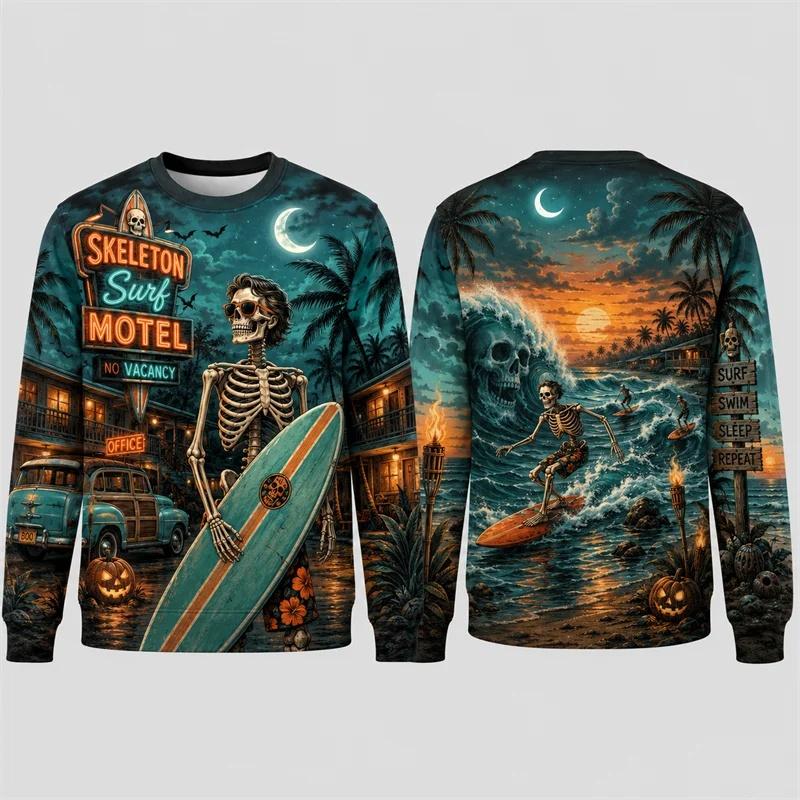 New Autumn 2026 Skeleton Surfing Motel Hoodie Men's Halloween Printed Polyester Round Neck Long Sleeve Horror Street Leisure