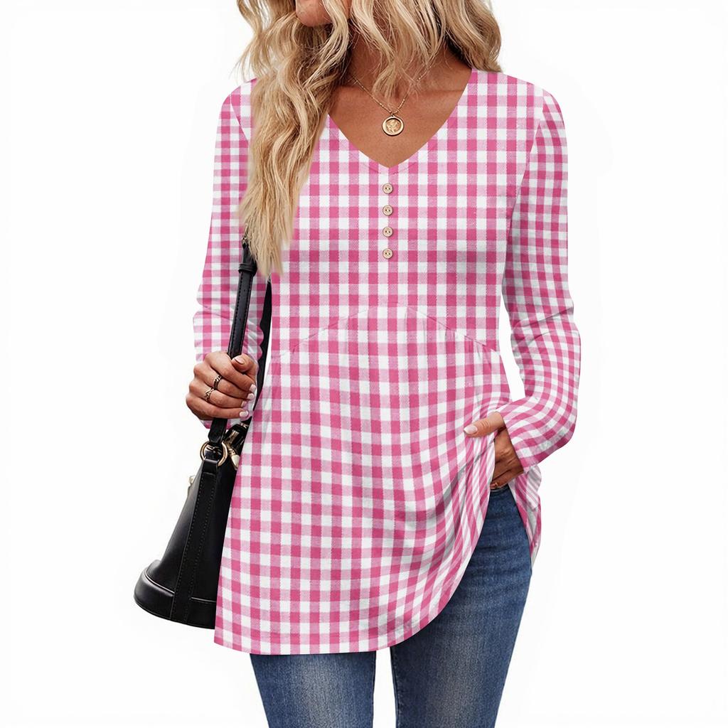 Women's Casual Fashion V-Neck Button Plaid Long Sleeve Top