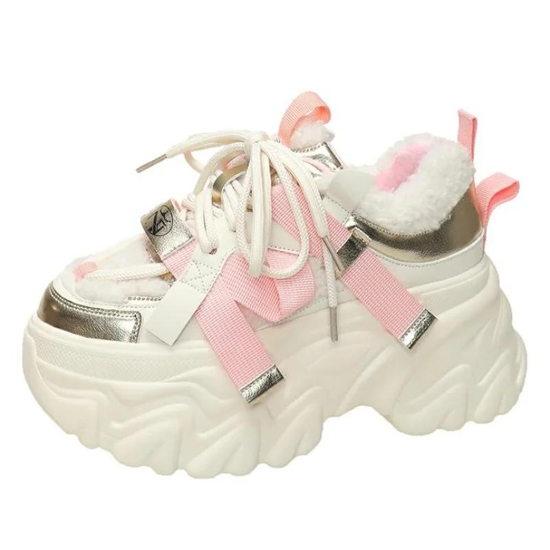 Fashion 8CM Winter Women's Chunky Fur Sneakers Warm High Platform Sports Shoes Woman Thick Sole Leather Casual Shoes Zapatillas Mujer