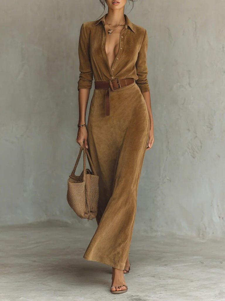 2025 Autumn Women's Suede Belted Lapel Dress - Elegant & Fashionable, Single-Breasted Long Style