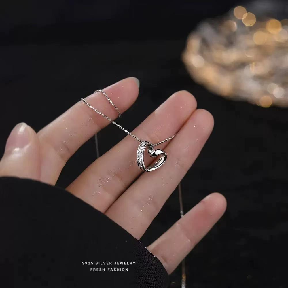 New 925 Sterling Silver Zircon Heart Necklace Simple Geometric Pendant CHoker Birthday Gift for Women Exquisite Jewelry