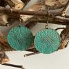 Bohemia Retro Turquoise Patina Finish Ethnic Carved Flowers Round Disc Dangle Earrings for Women Halloween Party Witch Jewelry