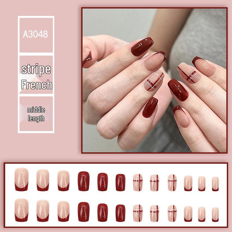 

Deep Red Striped French Medium-Long Rectangle Bridal & Holiday False Nails