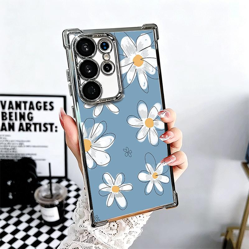 Daisy Flowers Aesthetics Plating Phone Case For Samsung Galaxy S24 S25 FE S26 Edge S23 Ultra S22 S21 Plus S20 Anti-Fall Airabag