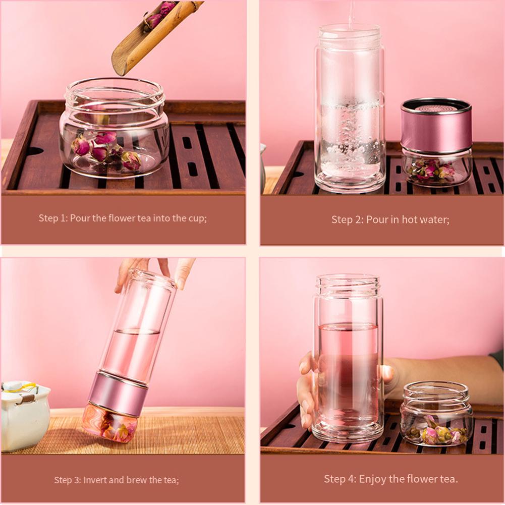 1 PC Glass Cup Red/Silver Double-layer Large-capacity Tea-separating Glass Cup 360ml, 420ml, 450ml Drinkware Water Bottles