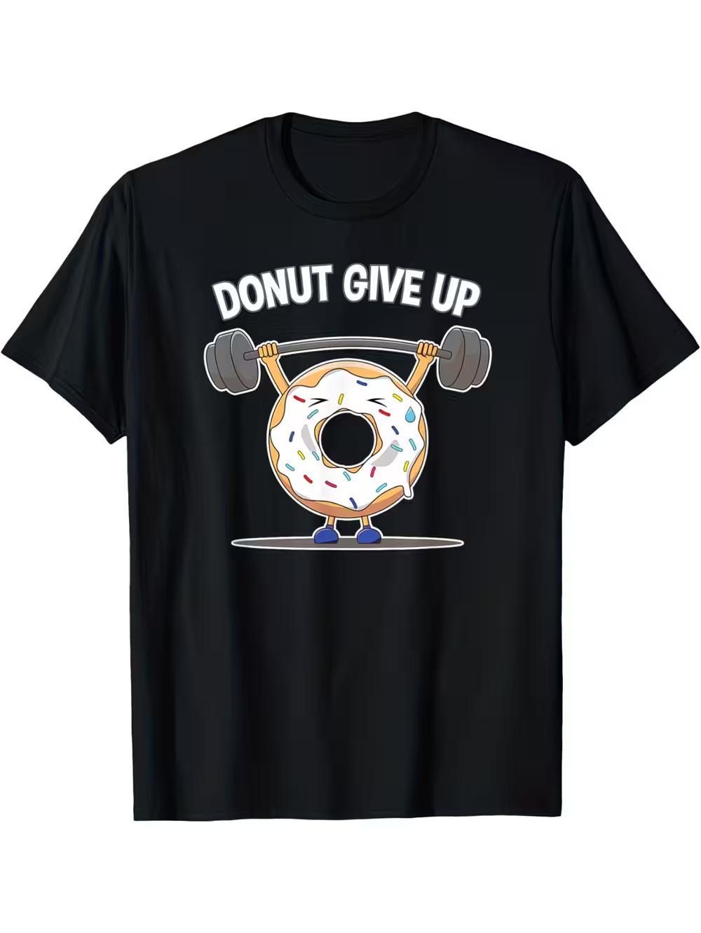 Men s Funny  Donut Give Up  Weightlifting Donut Graphic T-Shirt - Casual Short Sleeve Round Neck Tee for Gym & Casual Attire L