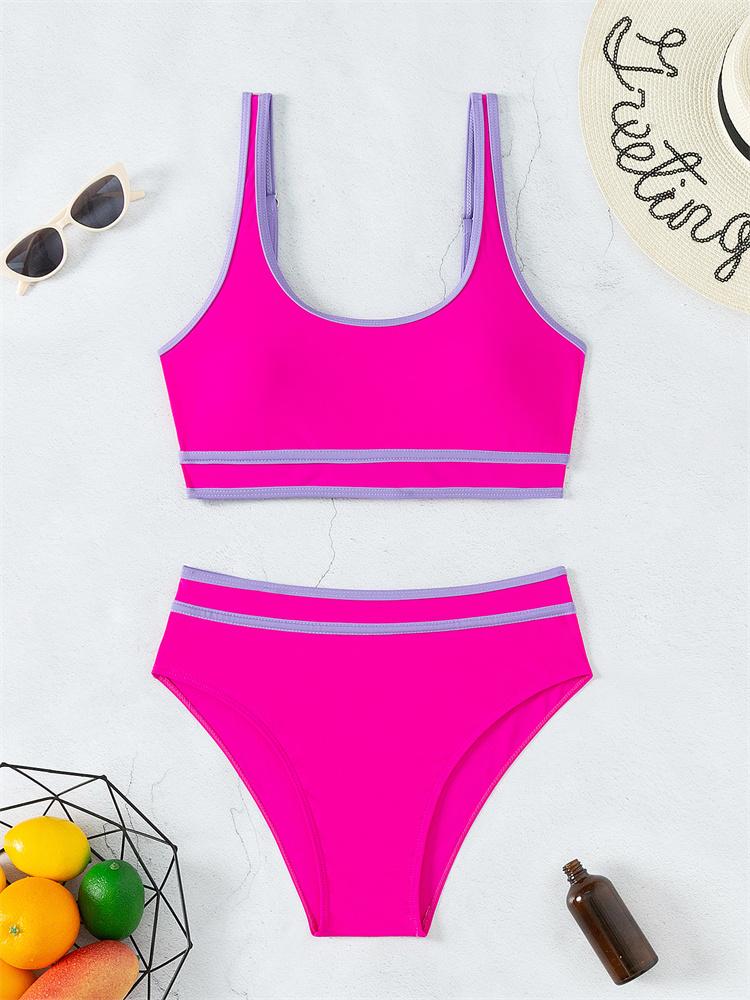 

Купальник бикини, женский купальник с высокой талией, новинка 2024 года, однотонный комплект бикини на слинге, сексуальные стринги, купальный костюм для женщин, летняя пляжная одежда XL розы красного