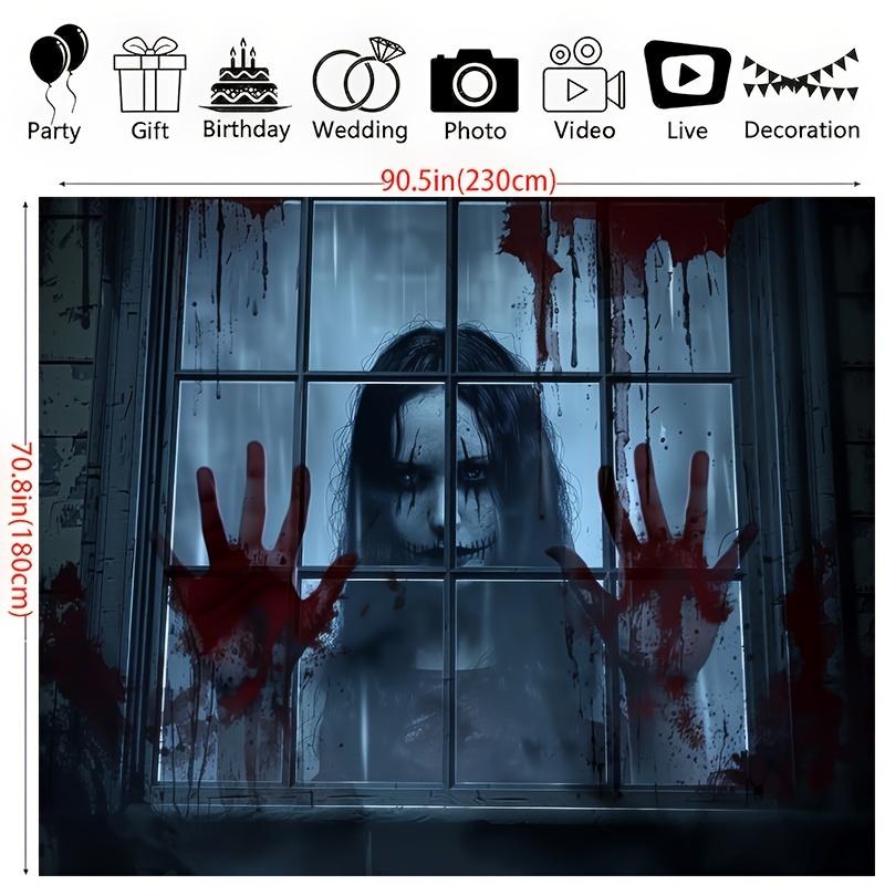 One Piece, Halloween Ghost Zombie Background Cloth, Polyester, Haunted House Style, Blood Handprint Window Background