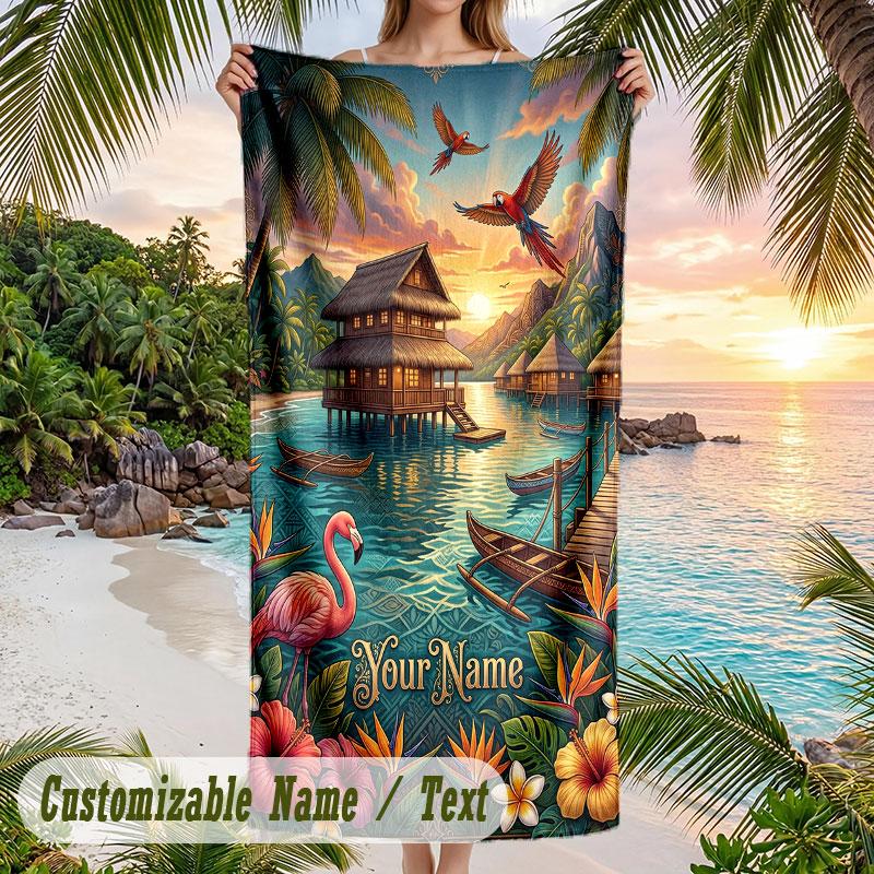 Tropical Leaves Elegance Theme Quick Dry Beach Towel Custom Name Text Print Large Sand Resistant Towel Beach Vacation