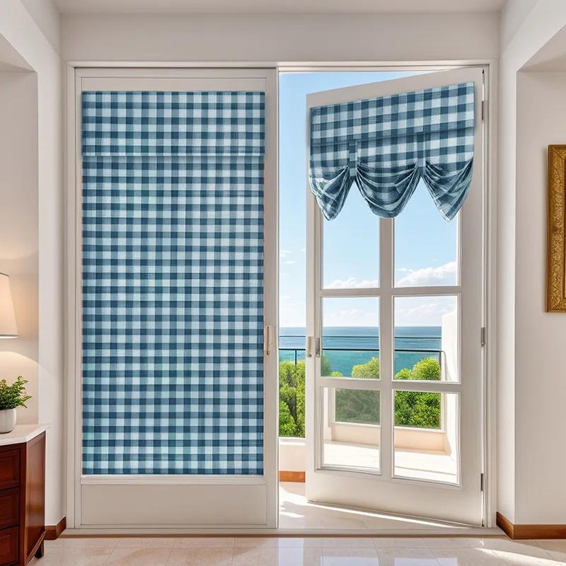 Opaque Door Curtains Polyester Home Curtains Multicolor Checkered Blackout Curtains American Farmhouse Decorative Door