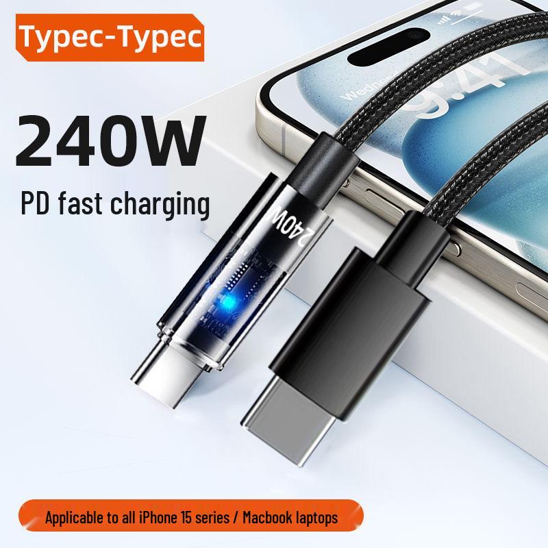 240W Fast Charging Dual Type-C Luminous Cable for Apple 15, 16 & Huawei Laptops - 6A Charging