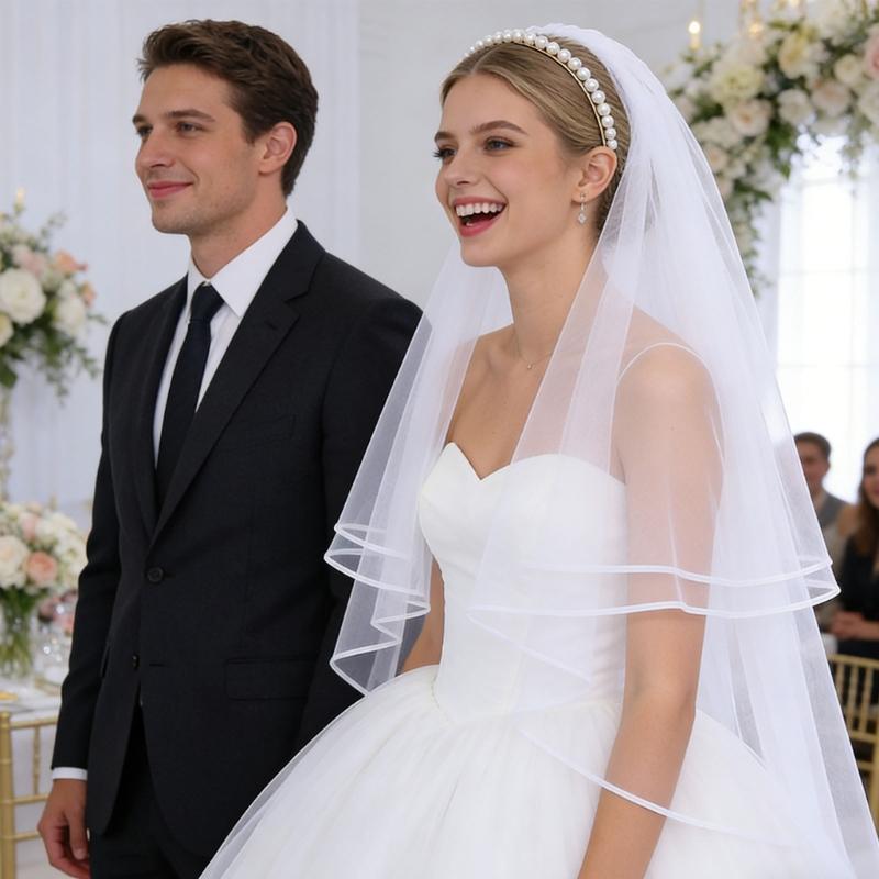 Delicate White Pearls Embellished Hairband Headdress Combined Veil For Bride Formal Event And Everyday Wear