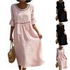 Vintage Hollow Out Lace Round Neck Midi Dress Women Cotton Linen Casual Loose Fit Half Sleeve Summer Dress