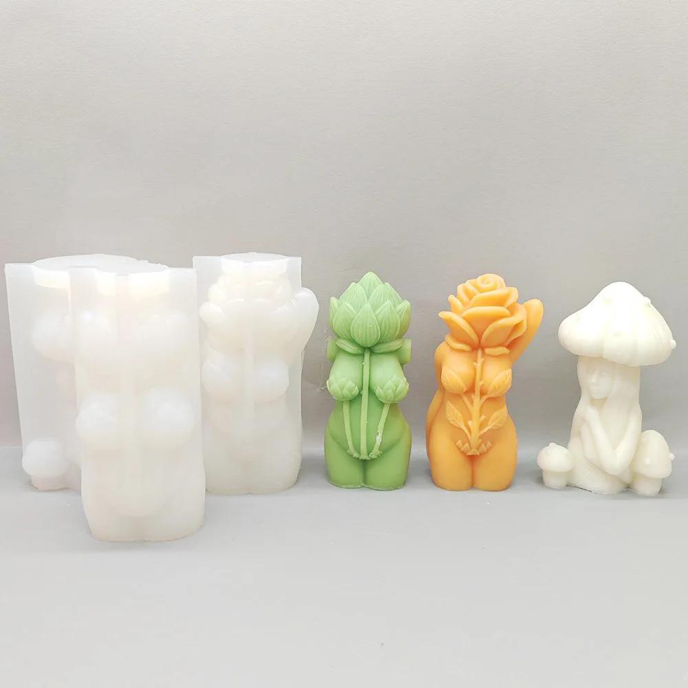 3D Rose Woman Female Body Candle Silicone Mold Lotus Goddess Resin Silicone Mold Mushroom Head Human Body Gypsum Mold