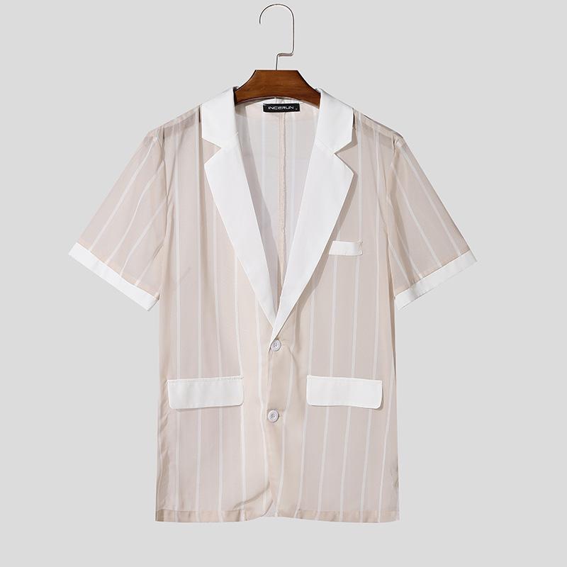 

INCERUN Мужские летние топы с глубоким V-образным вырезом, пуговицами, строчкой, прозрачной сеткой, в полоску, рубашки 3XL белый