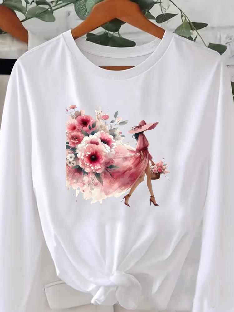 (Asian Size) flower letter cute style Printed o-neck Long Sleeve T Shirt Tee Lady Women Female Clothing Casual Fashion Top Graphic T-shirts