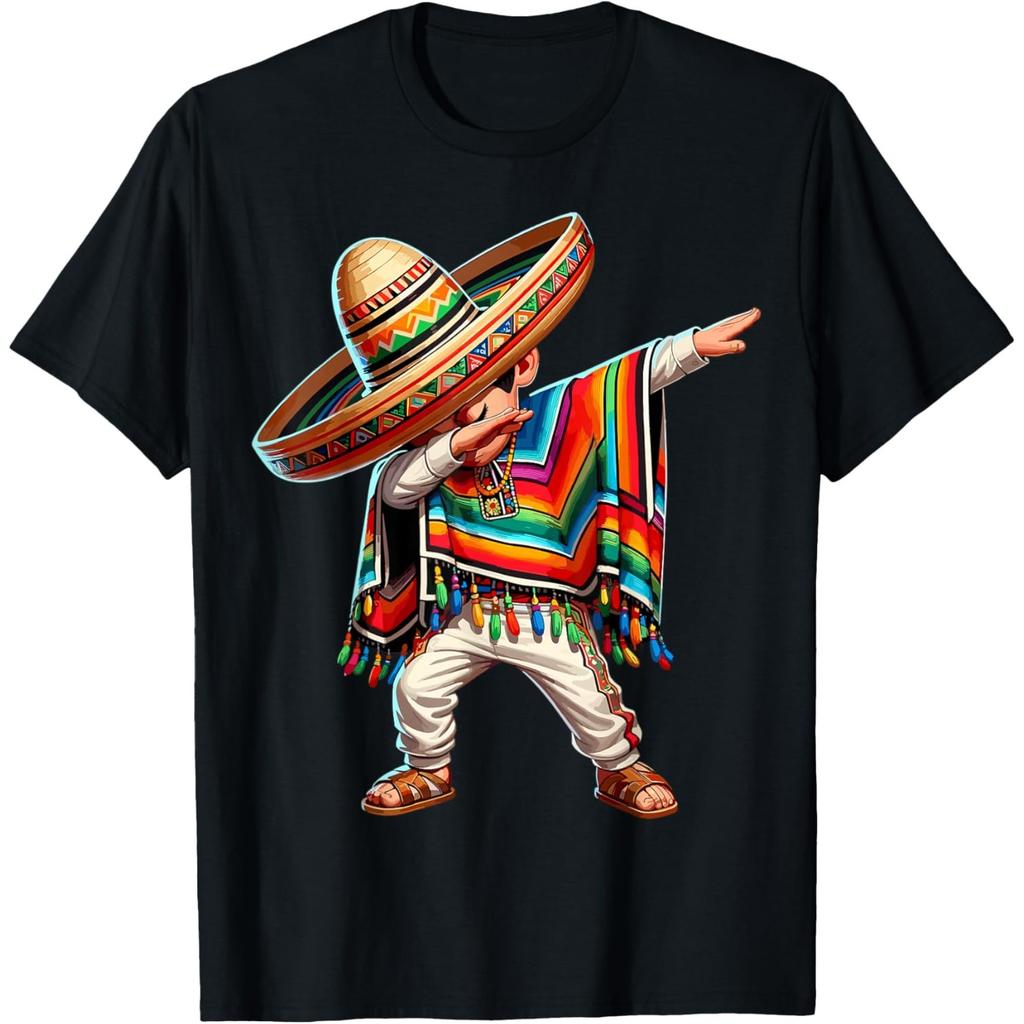 Mexican Boy Dabbing Poncho Sombrero Graphic Tee Cinco de Mayo Casual Cotton T-Shirt
