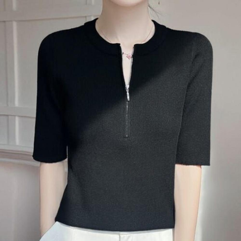 Navava Zip Up Round Neck Short Sleeve Knit Tee Nk2953