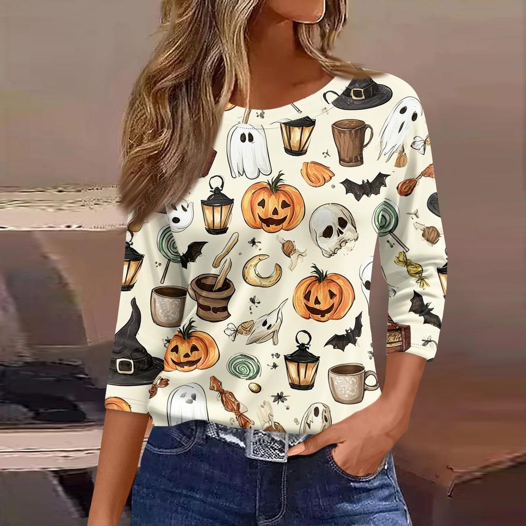 Women 3/4 Sleeve Casual Loose Fit Round Neck Shirt Halloween Bat Print Lightweight Pullover Top for Everyday Wear